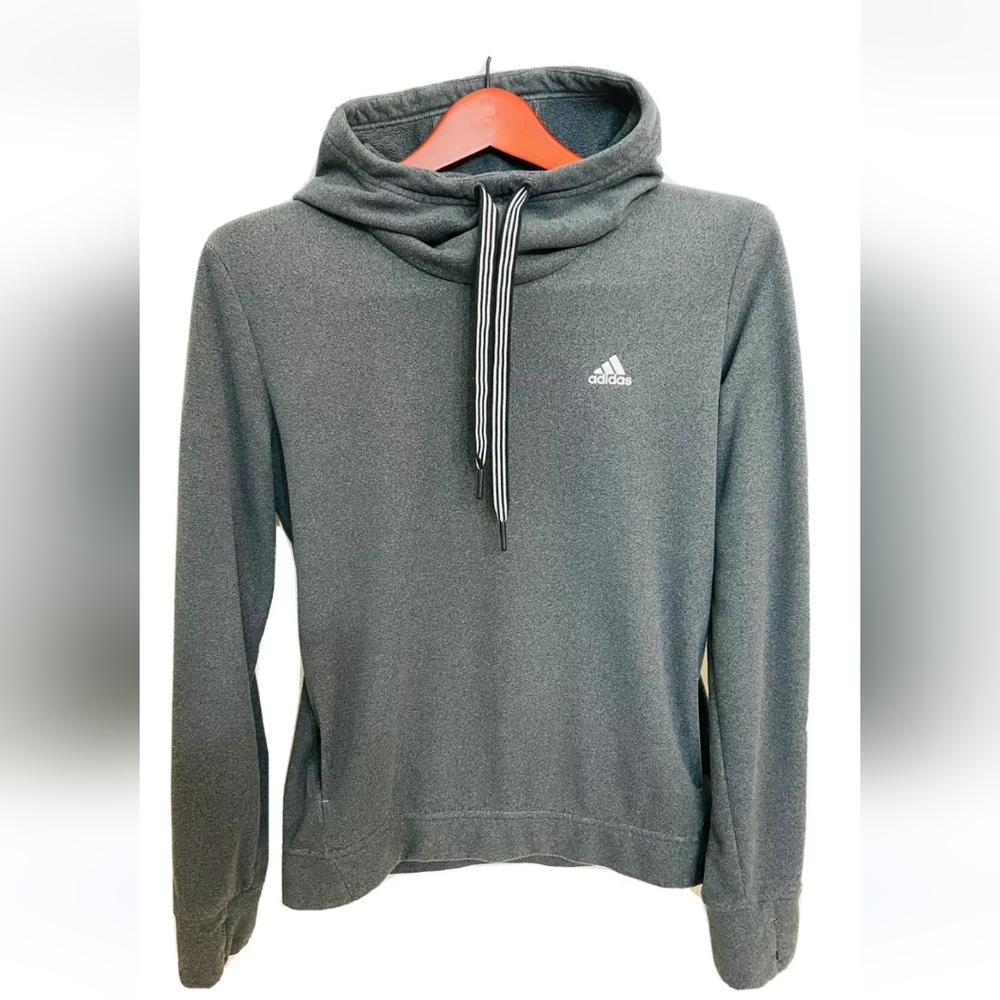 Adidas Gray Fleece Cowl Neck Pullover Hoodie Thumb Holes Zip Pocket Girl M 12-14